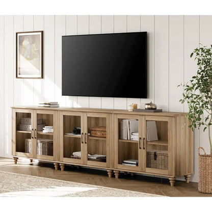 100 Inch TV Stand with Glass Door, Wood TV Cabinet Entertainment Center for 75/80/85 Inch TV, 3-in-1 Kitchen Buffet Cabinet