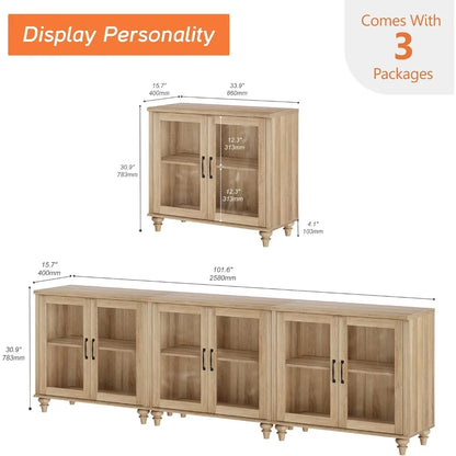 100 Inch TV Stand with Glass Door, Wood TV Cabinet Entertainment Center for 75/80/85 Inch TV, 3-in-1 Kitchen Buffet Cabinet