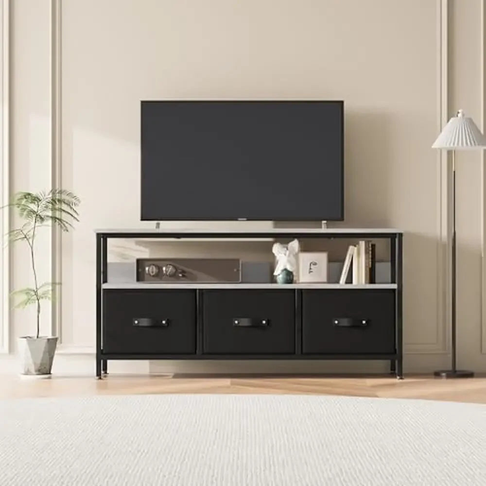 Meuble TV Centre de divertissement avec 3 tiroirs et étagères de rangement Design minimaliste Salon Convient aux téléviseurs jusqu'à 55" Assemblage facile