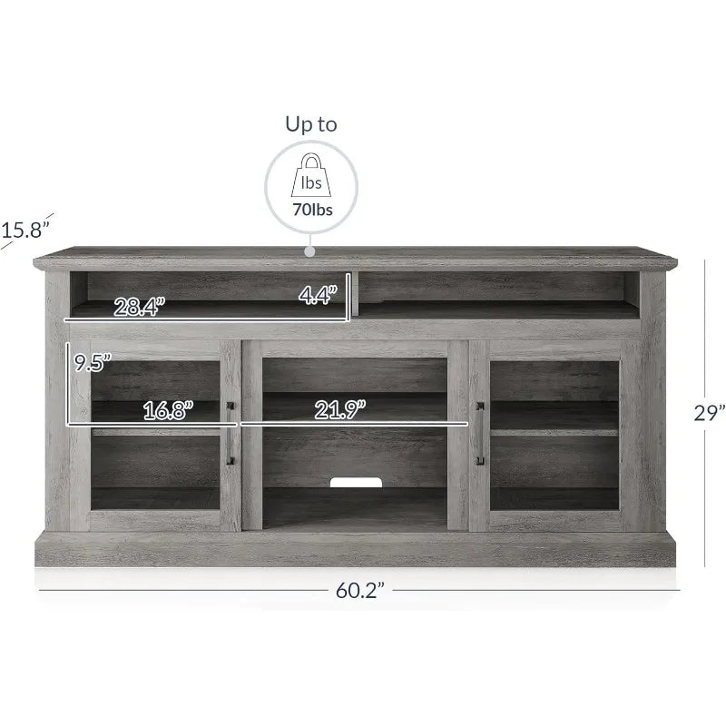 Meuble TV traditionnel moderne de 60 pouces et console centrale de divertissement multimédia pour téléviseurs jusqu'aux armoires - Cayman (gris délavé)