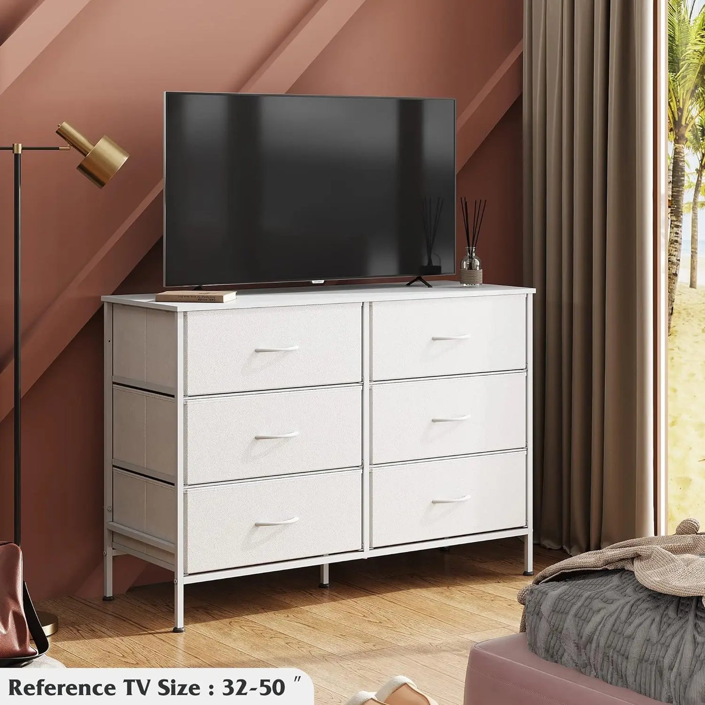 Cómoda amplia con 6 cajones, mueble de TV para TV de 50", centro de entretenimiento con marco de metal, cubierta de madera, cómoda de tela con espacio de almacenamiento