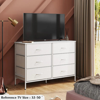 Commode large avec 6 tiroirs, meuble TV pour TV 50", centre de divertissement avec cadre en métal, plateau en bois, commode de rangement en tissu