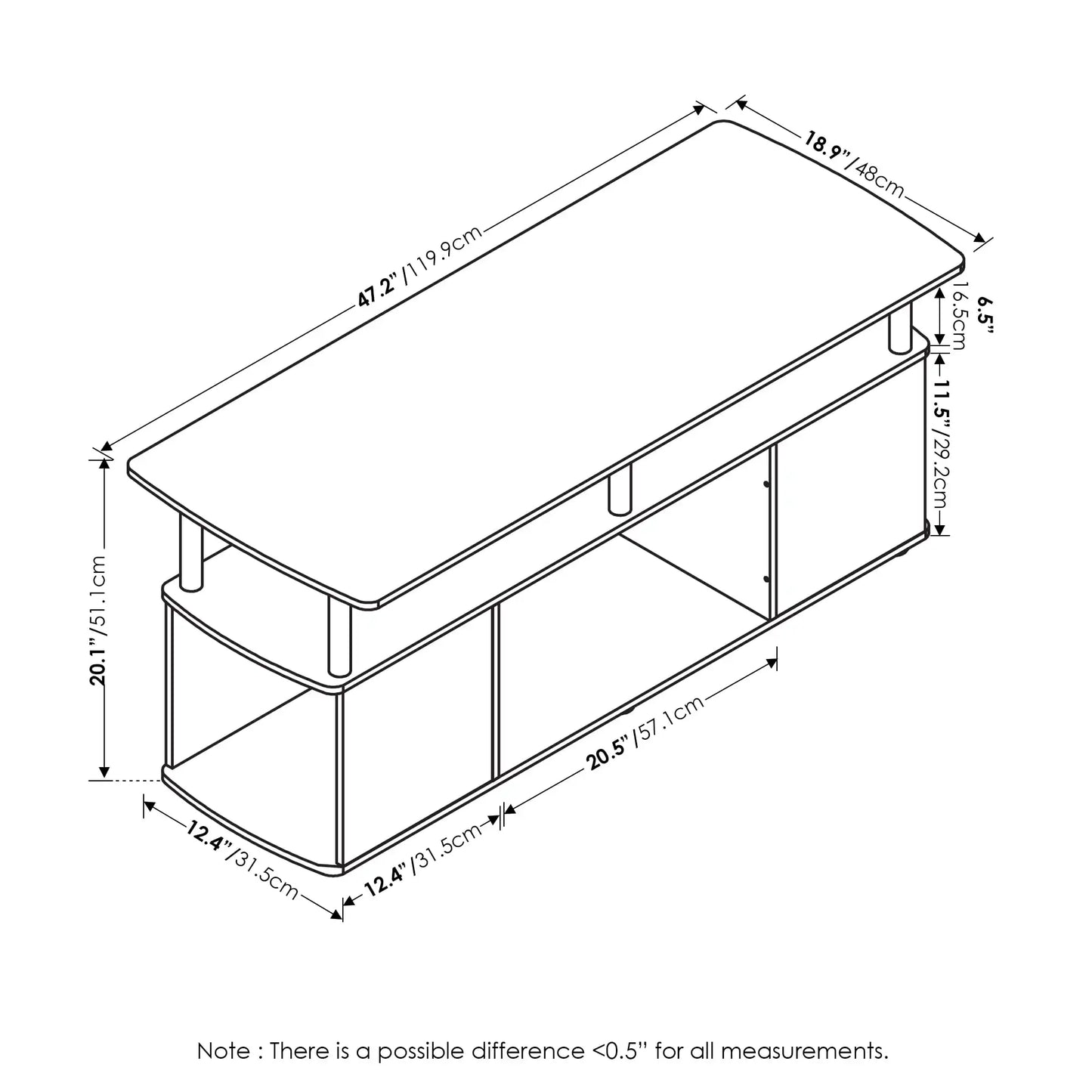 Meuble TV avec compartiment de rangement ouvert pour téléviseur jusqu'à 50 pouces, pin ambré/noir, étagères intégrées