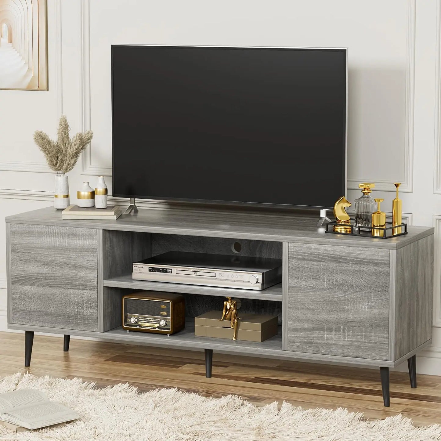 Meuble TV moderne pour téléviseur 65", centre de divertissement avec deux armoires de rangement, console multimédia de style rétro pour le salon