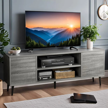 Meuble TV moderne pour téléviseur 65", centre de divertissement avec deux armoires de rangement, console multimédia de style rétro pour le salon