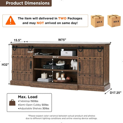 Buffet de 75 po avec rangement, meuble TV de ferme avec porte de grange coulissante, long bar à café rustique, bois de grange récupéré