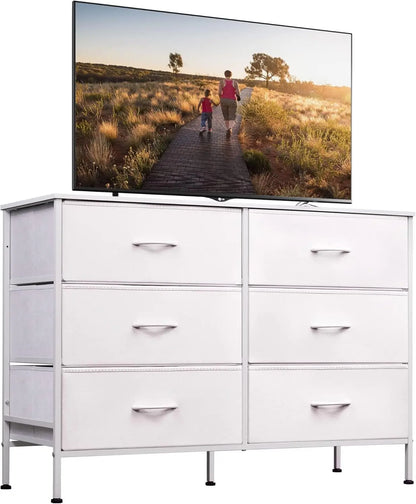 Commode large avec 6 tiroirs, meuble TV pour TV 50", centre de divertissement avec cadre en métal, plateau en bois, commode de rangement en tissu