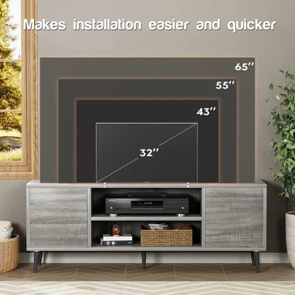 Soporte de TV moderno para televisor de 65", centro de entretenimiento con dos gabinetes de almacenamiento, consola multimedia de estilo retro para sala de estar